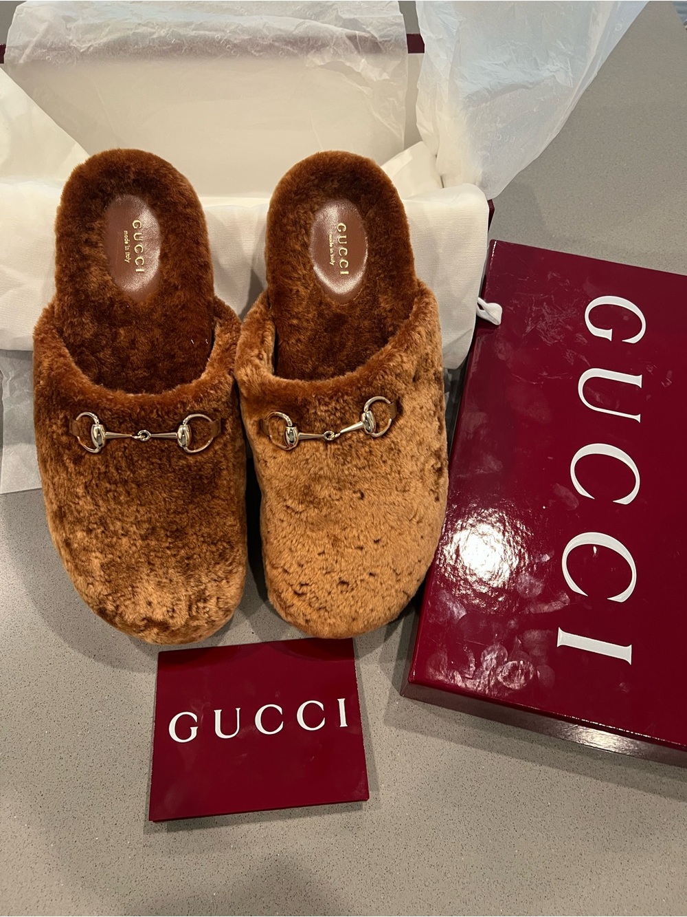 Gucci Chestnut Brown Shearling Slip-On Mules with Metal Horsebit